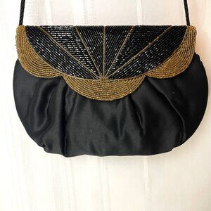Vintage 80's Glam Semi-Formal Satin Shimmer Beaded Black & Gold Purse by ELKA
